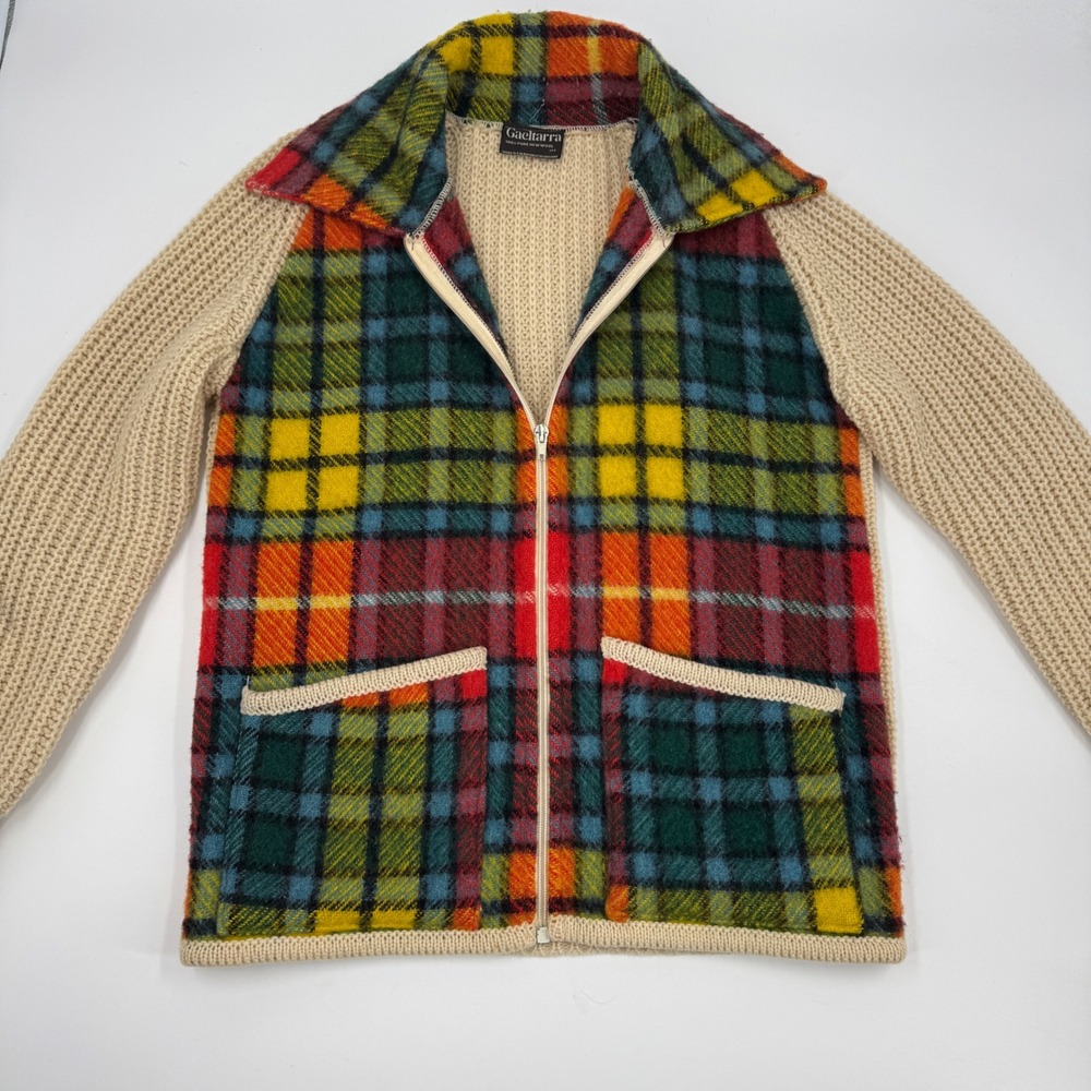 Gaeltarra Zip Cardigan Mens 42 Cream Multi Plaid Wool Made in Ireland Vintage